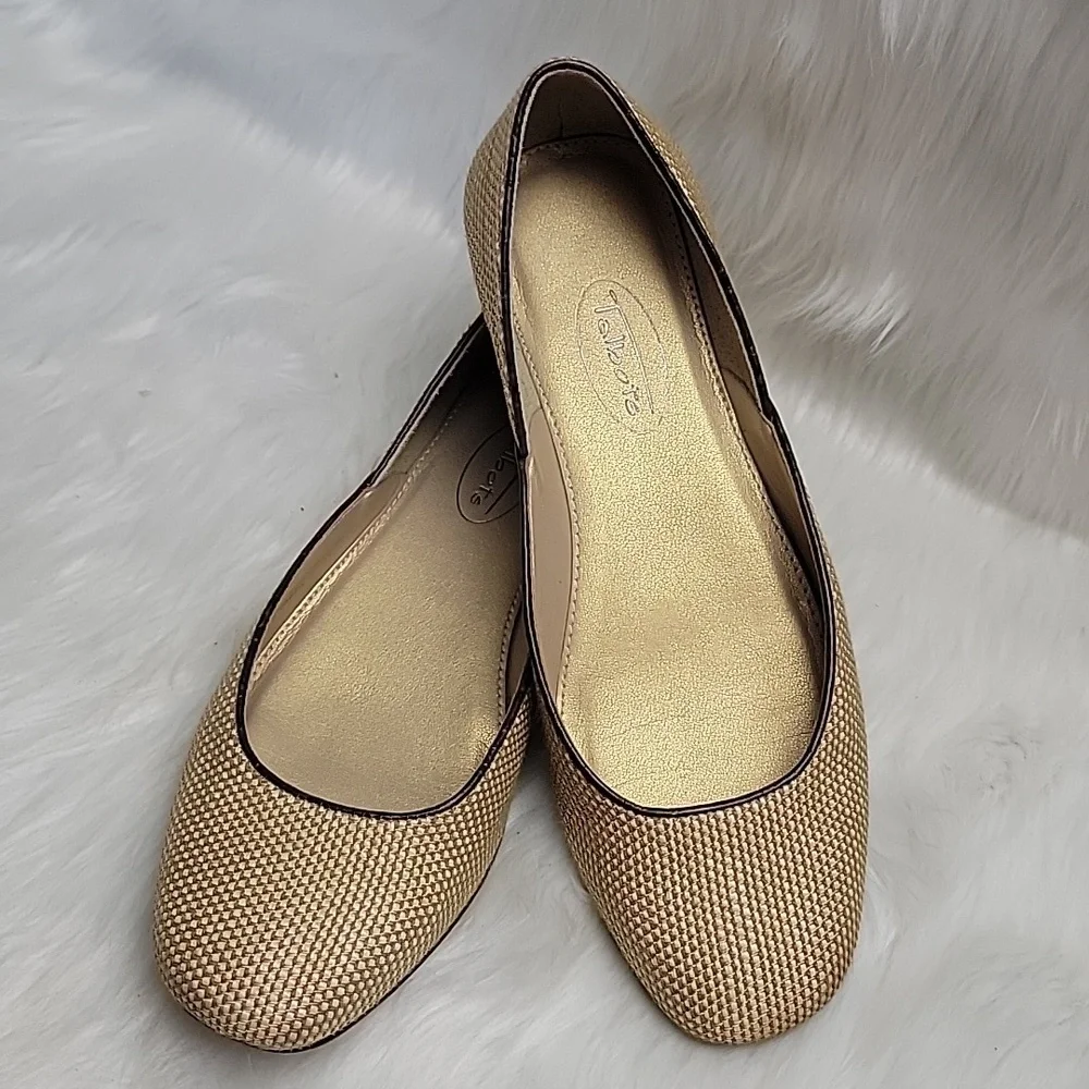TALBOTS Gold Cream Metallic Tweed‎ Woven Square Toe Preppy Office Ballet Flats 6